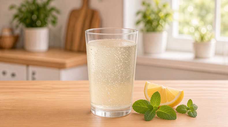 Bebida refrescante de kéfir de agua servida fría con limón y menta
