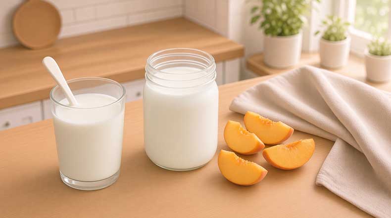 Tarro de kéfir de leche con fruta fresca sobre una mesa de madera, ideal para tomar a cualquier hora