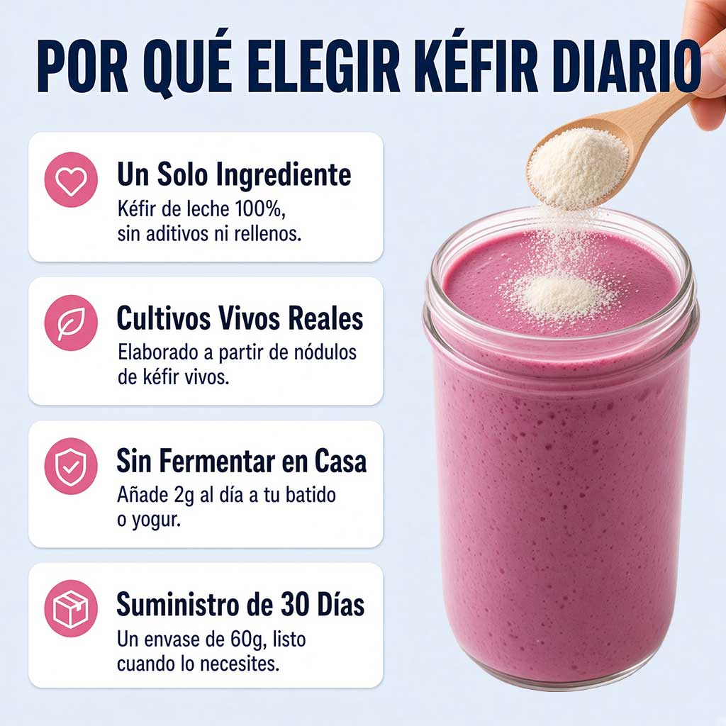 Kéfir en polvo liofilizado añadido a un batido de frutos rojos con cuchara de madera
