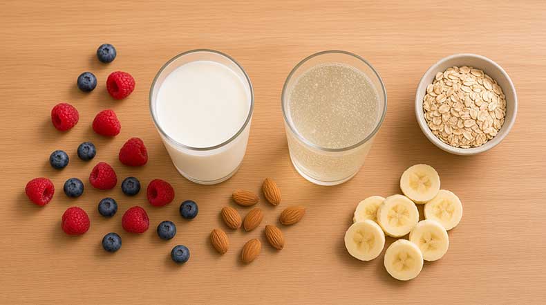 Vista superior de kéfir de leche y kéfir de agua junto a fruta, avena y frutos secos