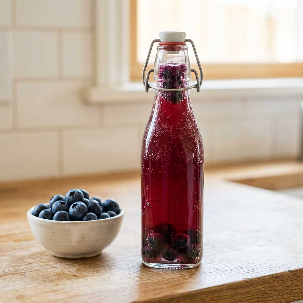 Kombucha de arándanos, receta fermentada de color morado intenso