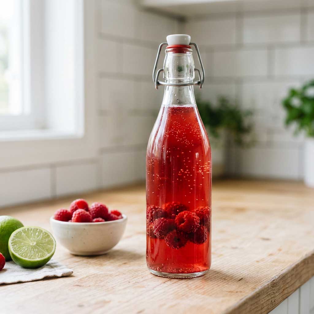 Kombucha de frambuesa y lima, receta fermentada frutal y vibrante