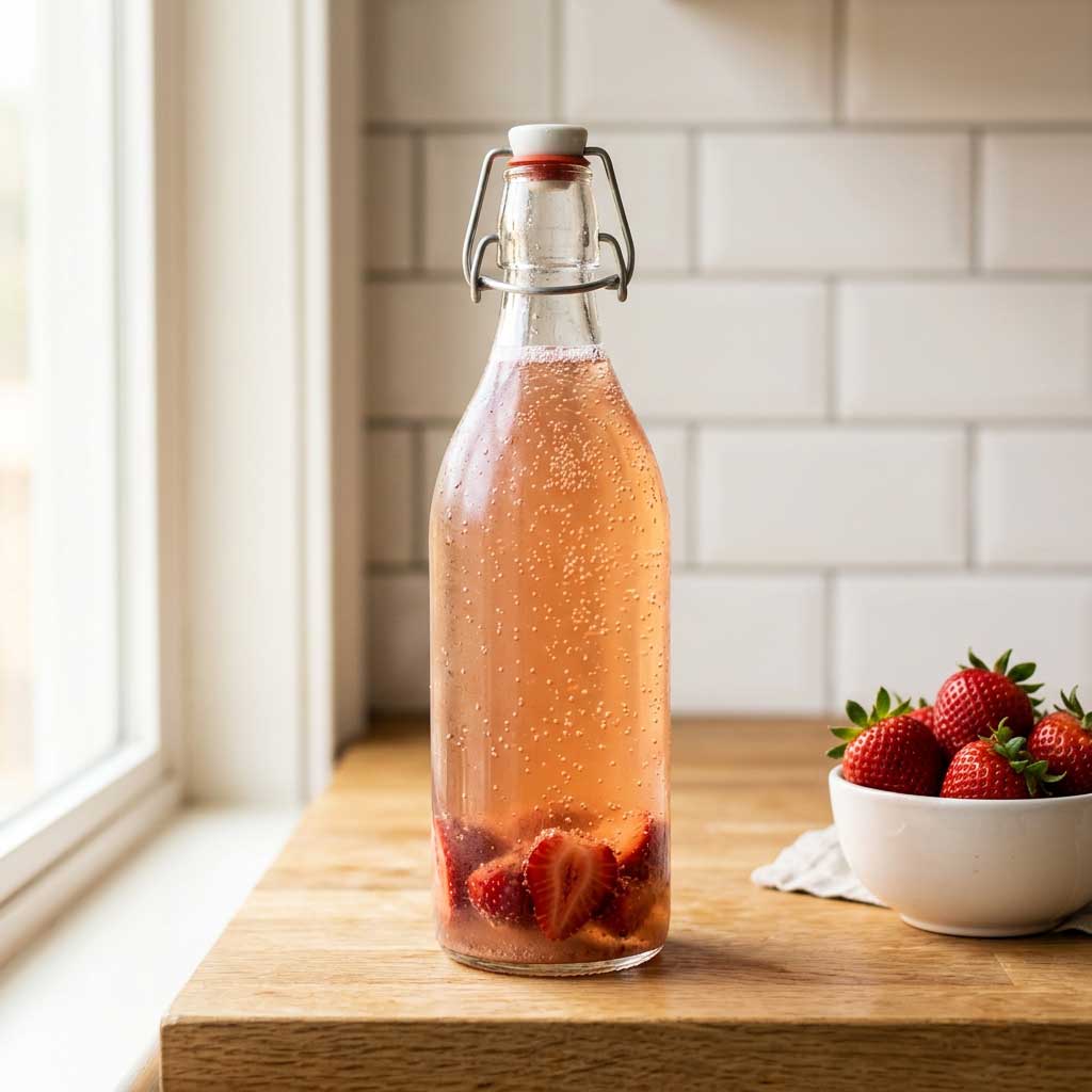 Kombucha de fresa, receta fermentada refrescante con burbujas naturales