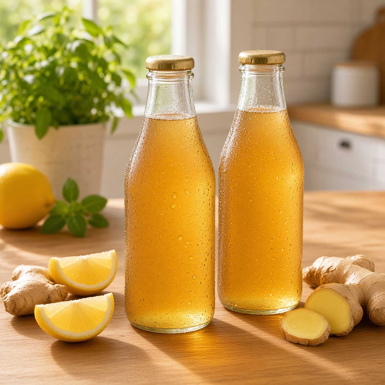 Botellas de kombucha con jengibre y limón, similares a la antigua kombucha Hacendado