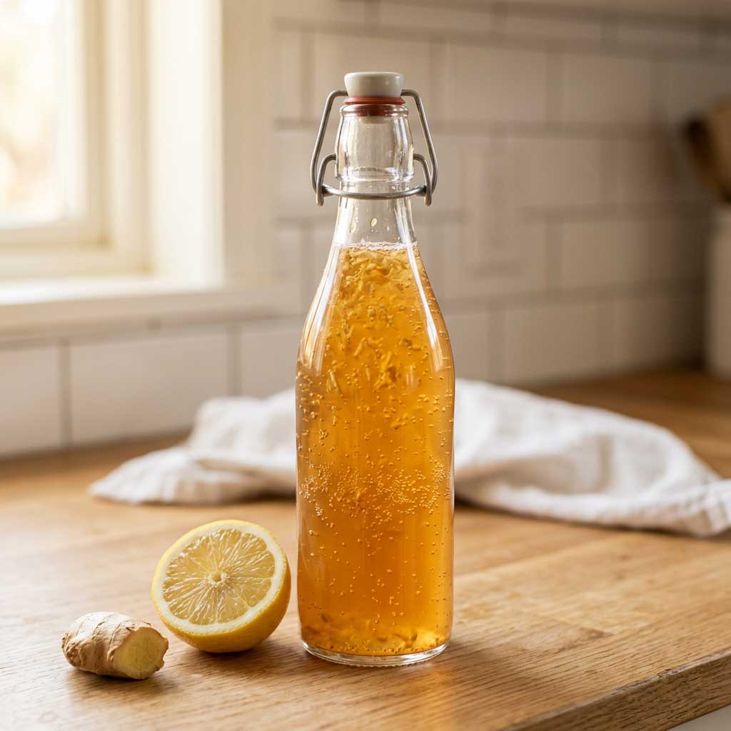 Kombucha de limón y jengibre, receta fermentada con burbujas naturales