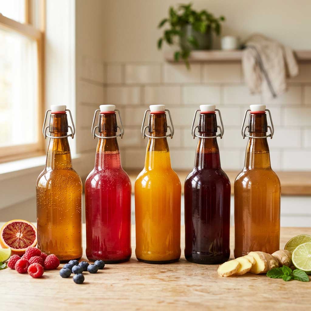 Varias botellas de kombucha con sabores diferentes y frutas frescas