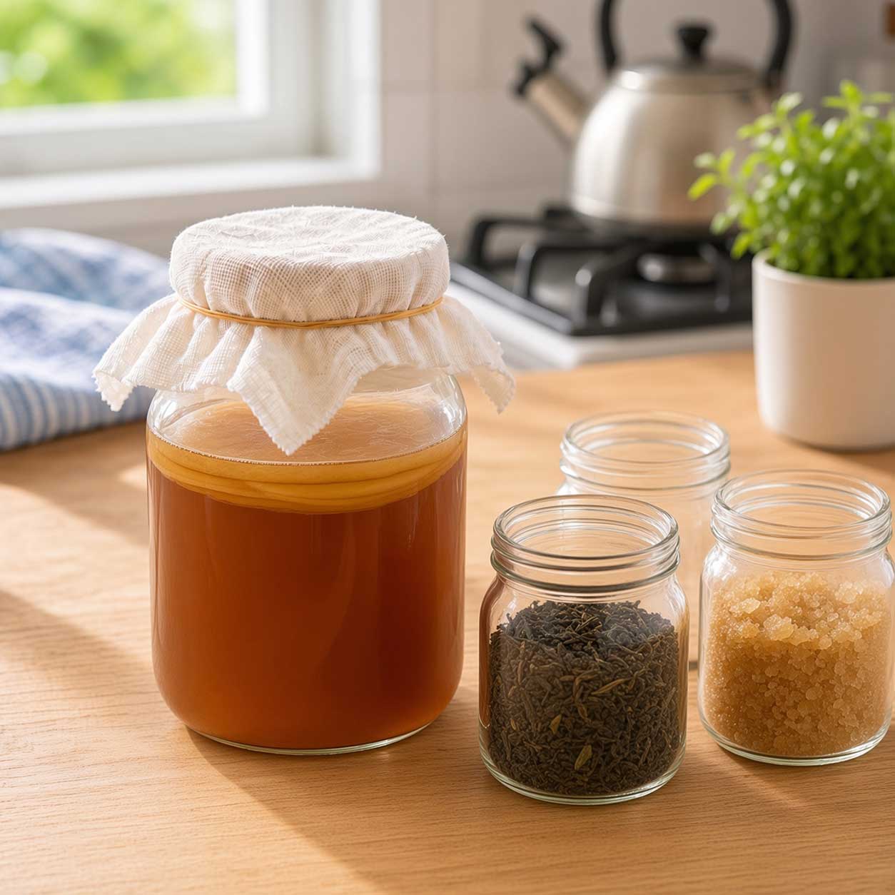 SCOBY de kombucha fermentando junto a una tetera y té suelto en la cocina
