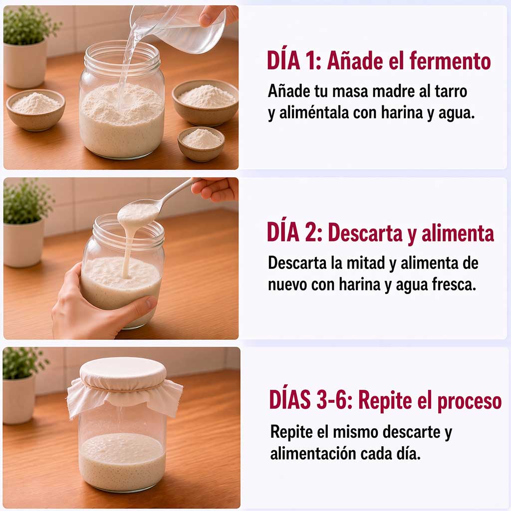 Cómo activar masa madre: día 1 y 2, añadir el fermento y el ciclo de descarte y alimentación