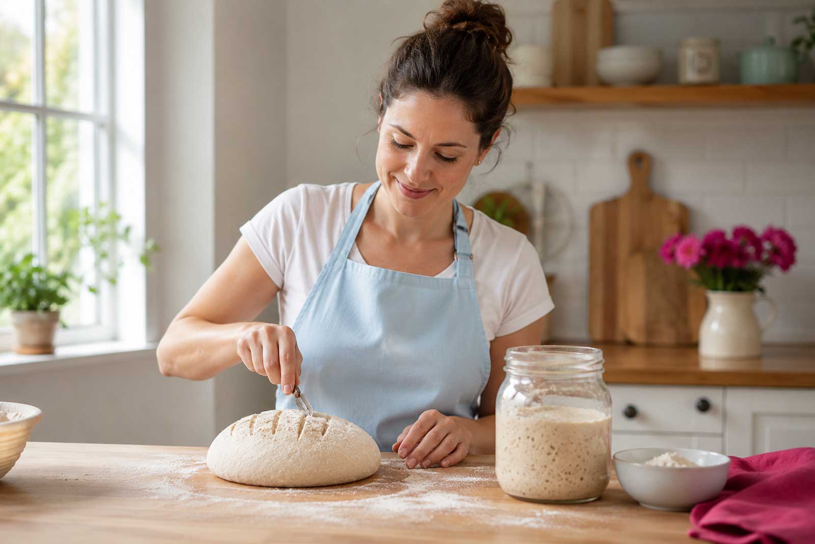 Mujer formando un pan de masa madre casero en cocina, junto a tarro de masa madre activa NutriBrew