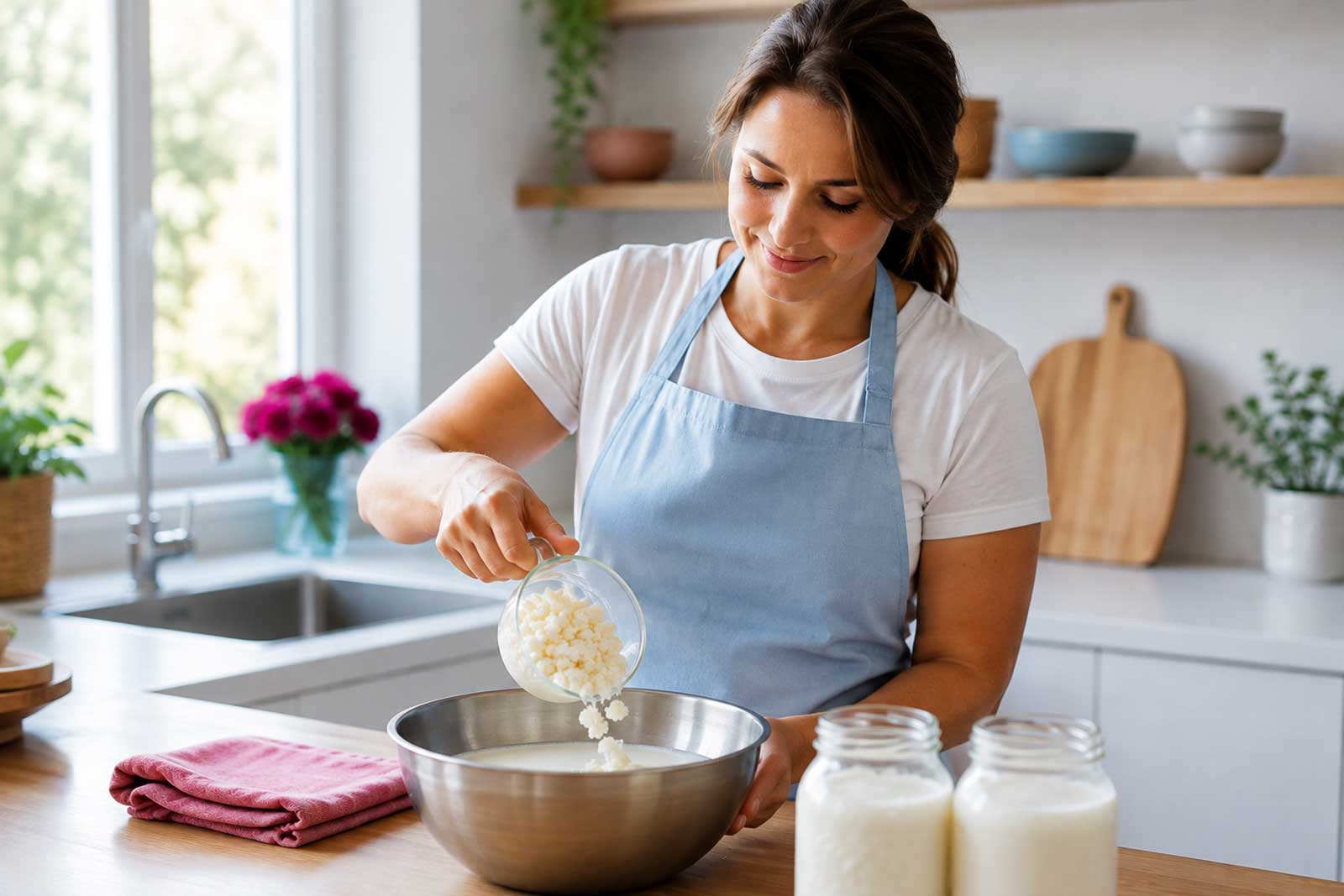 Mujer vertiendo nódulos de kéfir de leche vivos en un bol con leche, preparación casera NutriBrew