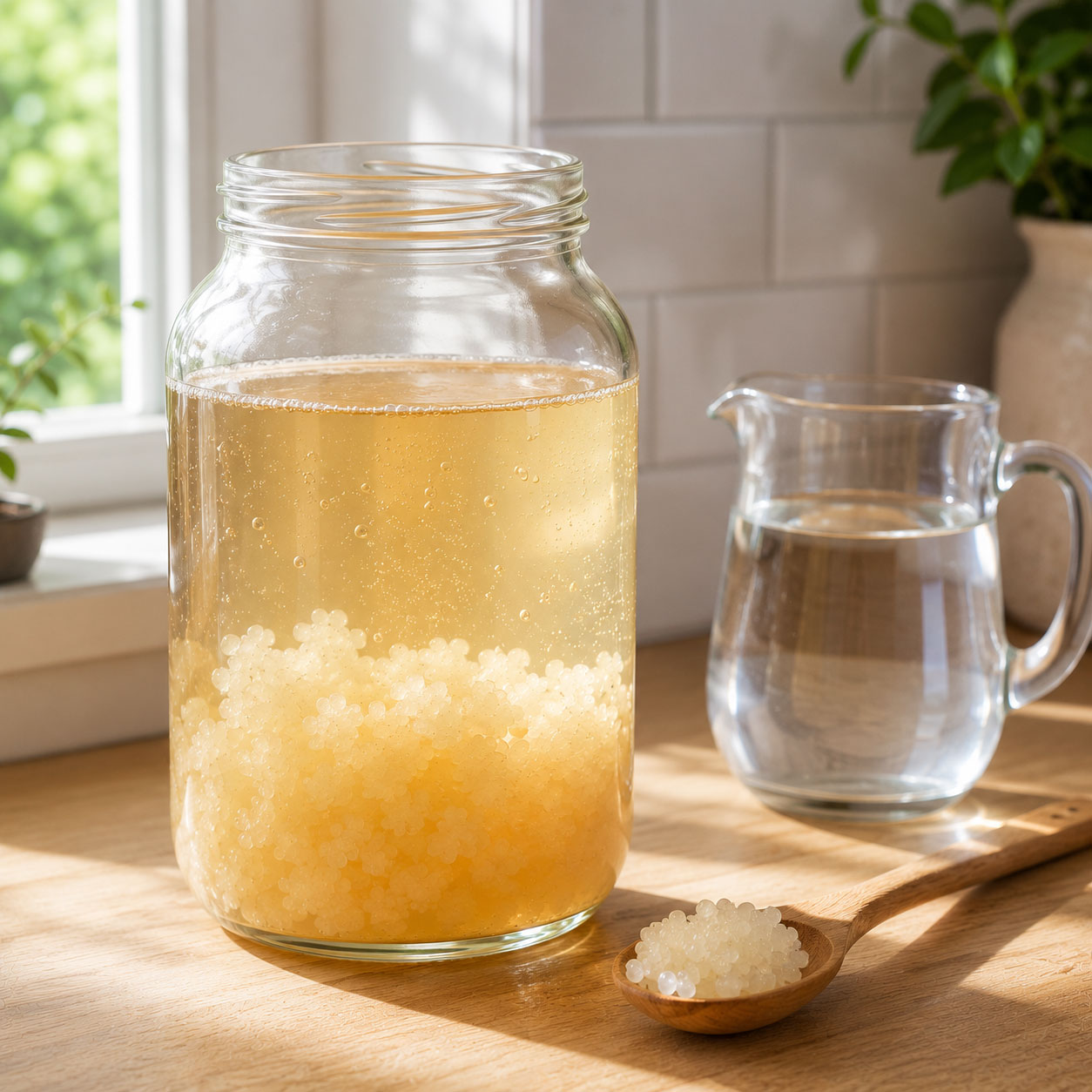 Nódulos de kéfir de agua translúcidos fermentando en agua con azúcar en tarro de cristal