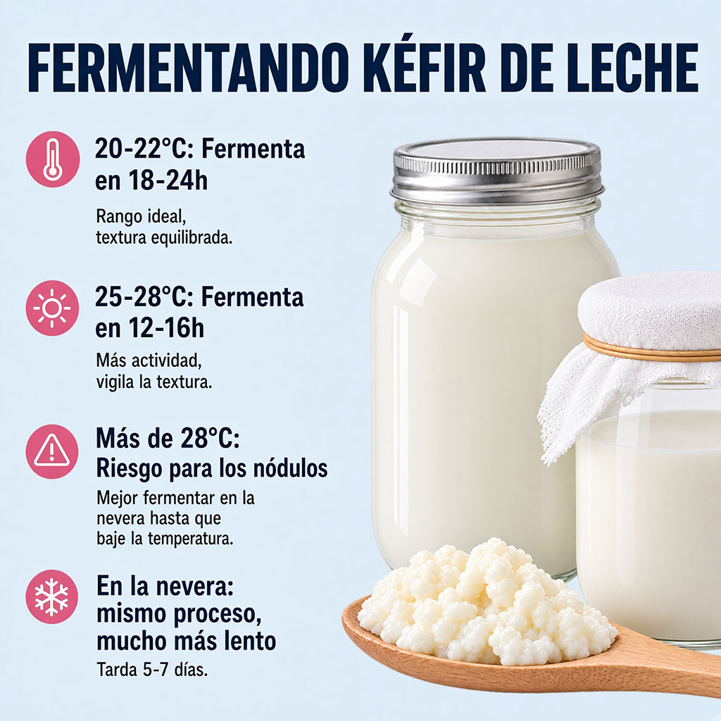 Guía de tiempos de fermentación del kéfir de leche según la temperatura, de 18 a 28 grados