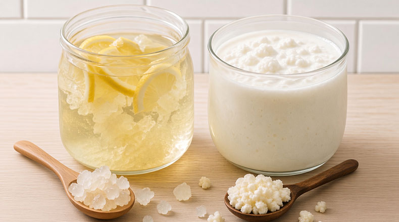 Nódulos de kéfir de leche y kéfir de agua en tarros de cristal, listos para preparar en casa