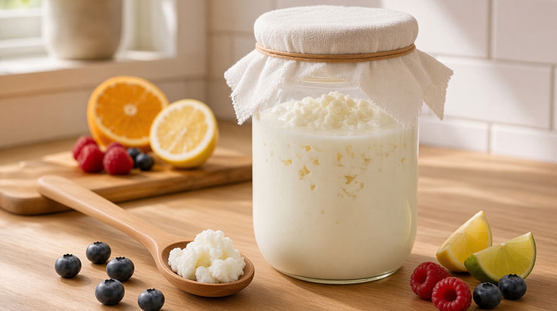 Nódulos de kéfir de leche y kéfir de agua recién comprados, listos para empezar a fermentar en casa