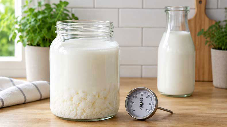 Tarro de kéfir fermentando con termómetro a 22 grados