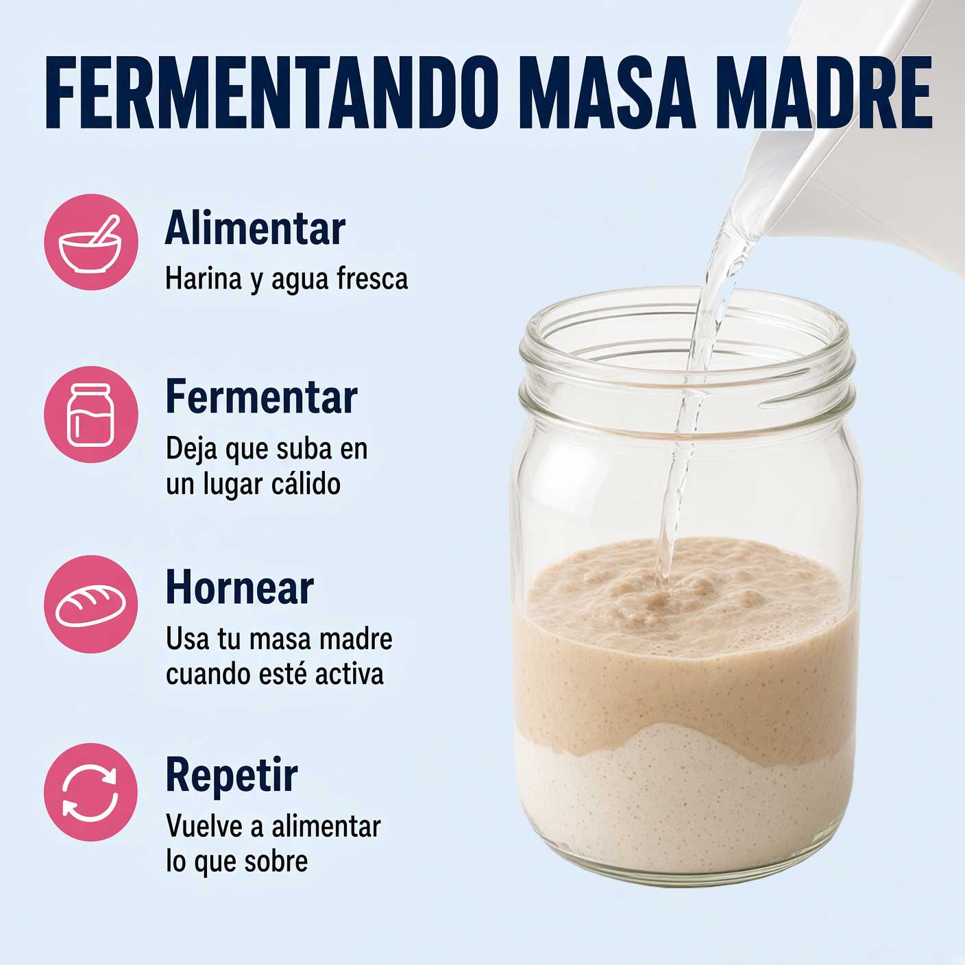 Pasos para fermentar masa madre casera, alimentar, fermentar, hornear y repetir