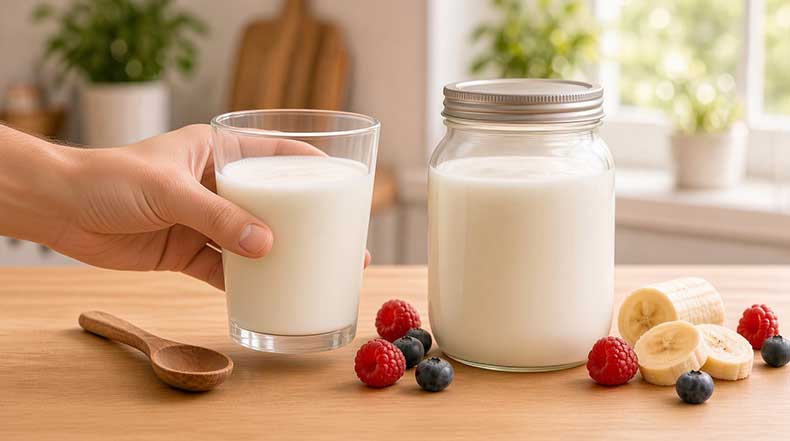 Persona levantando un vaso de kéfir de leche de la mesa como parte de su consumo diario