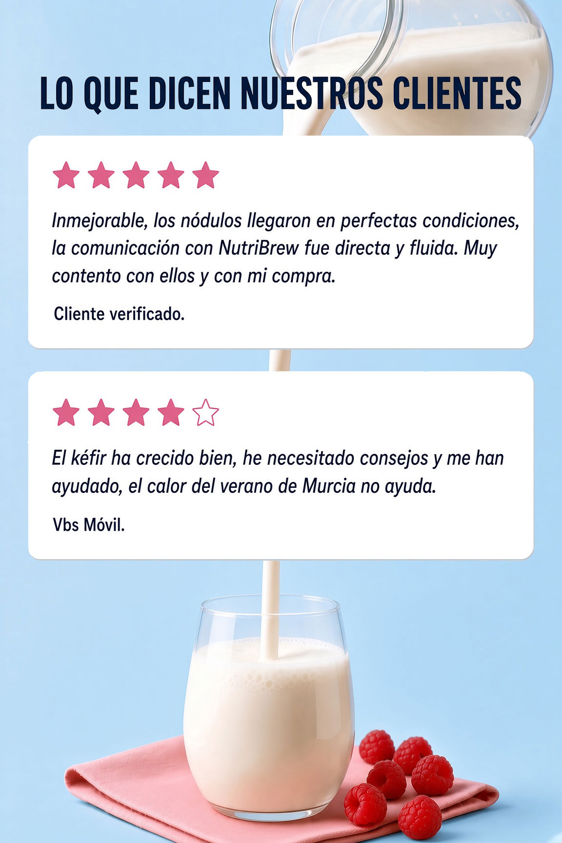Reseñas verificadas de clientes de NutriBrew sobre nódulos de kéfir de leche, con kéfir recién servido