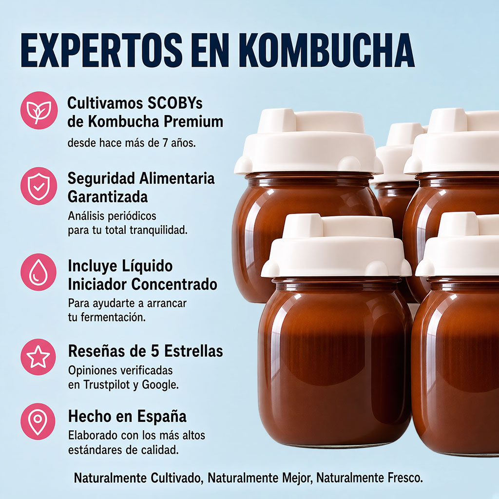 Tarros de SCOBY de kombucha NutriBrew con información sobre calidad, seguridad alimentaria y reseñas verificadas
