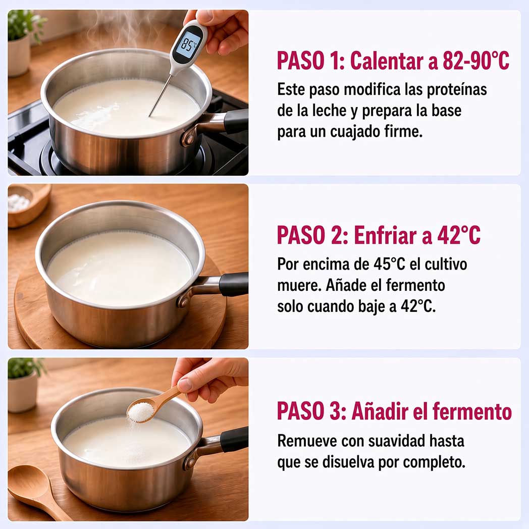 Pasos para hacer skyr casero: calentar la leche, enfriar y añadir el fermento