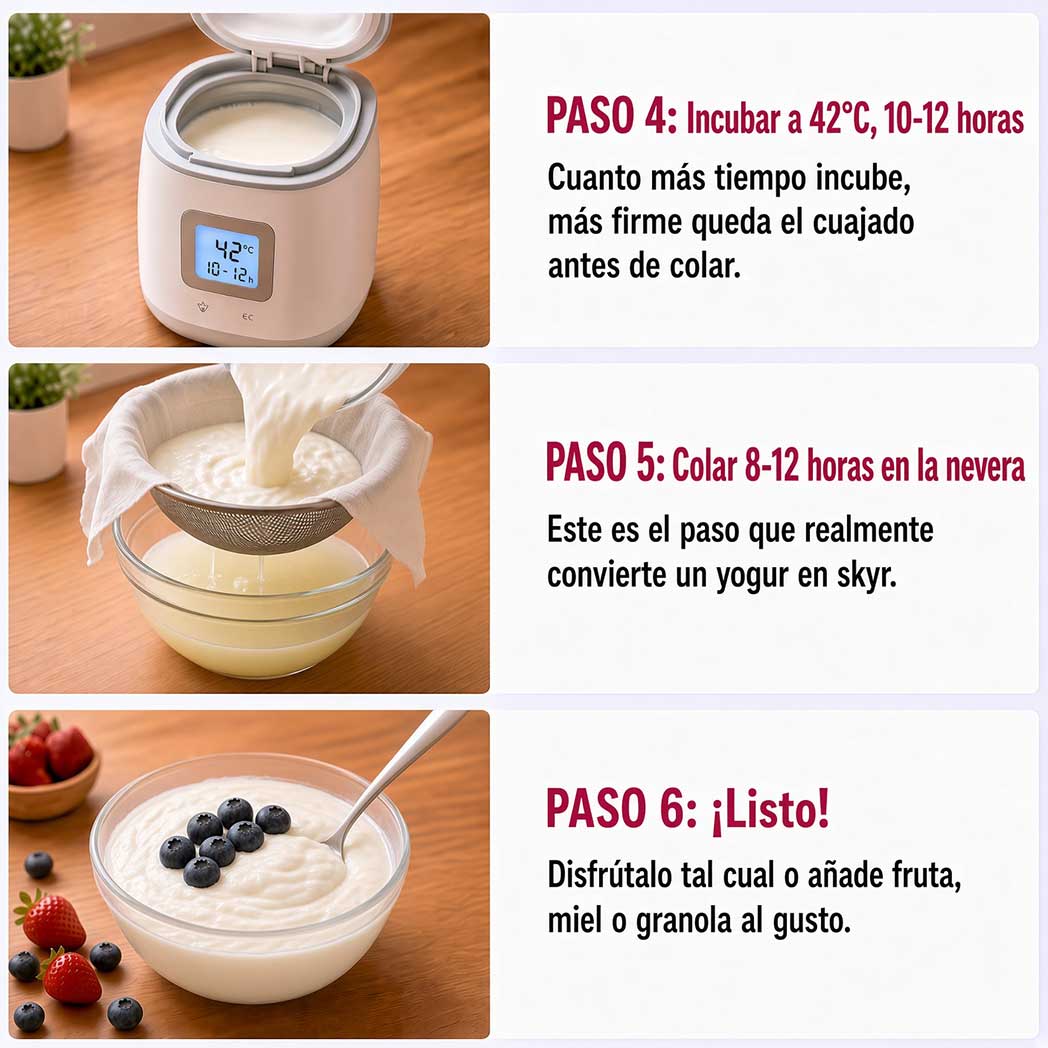 Pasos para hacer skyr casero: incubar, colar en la nevera y prueba de la cuchara de pie