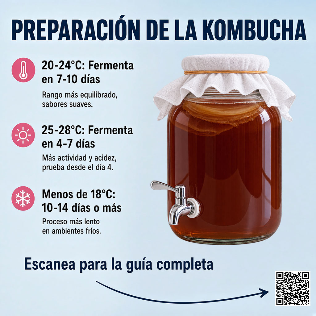 Guía de tiempos de fermentación de la kombucha según la temperatura, de 18 a 28 grados