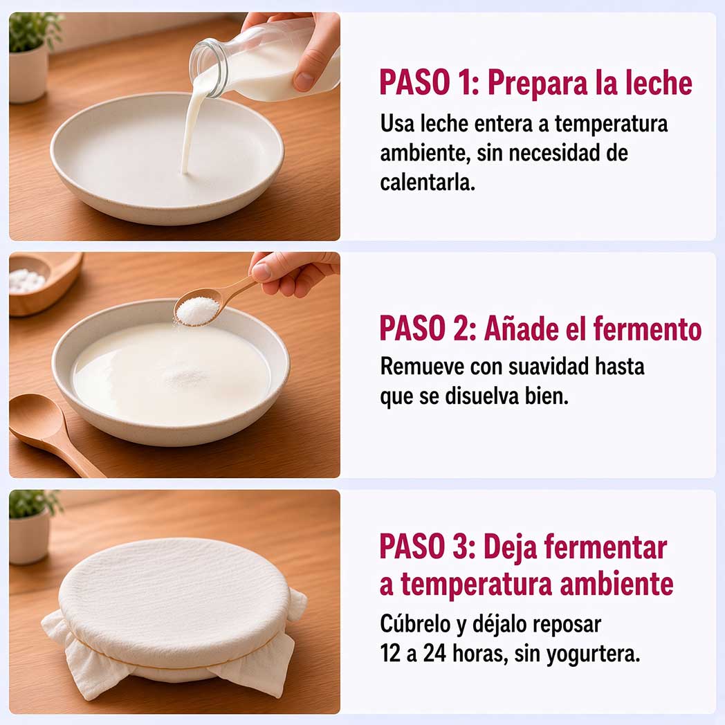 Pasos para hacer viili casero: preparar la leche, añadir el fermento y dejar fermentar a temperatura ambiente