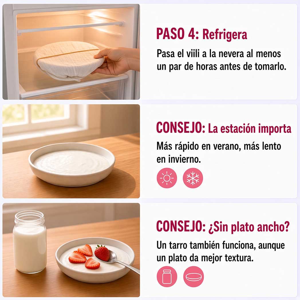 Refrigerar el viili casero y consejos clave sobre la estación del año y el uso de un tarro o plato ancho