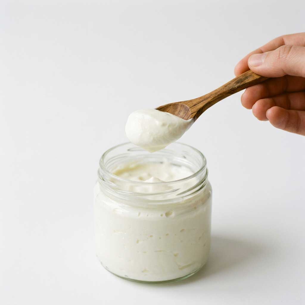 Cuchara de yogur búlgaro casero reservada para recultivar el siguiente lote, cultivo vivo NutriBrew