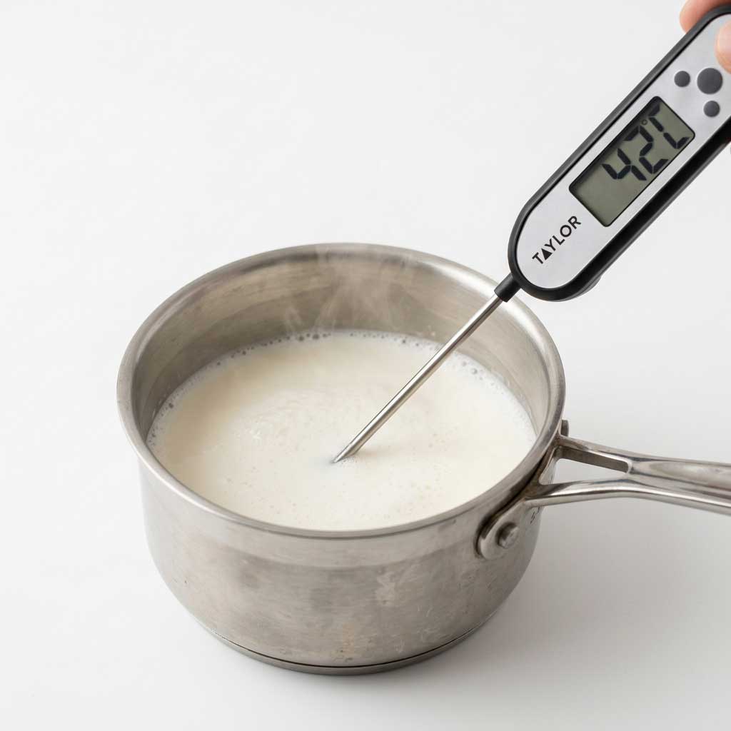 Termómetro de cocina comprobando la temperatura de la leche para hacer yogur búlgaro casero