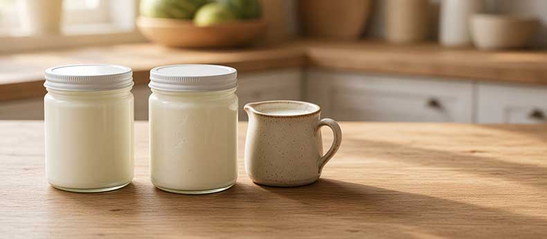 Yogur de cabra y oveja casero en tarros de cristal, elaborado con fermento vivo