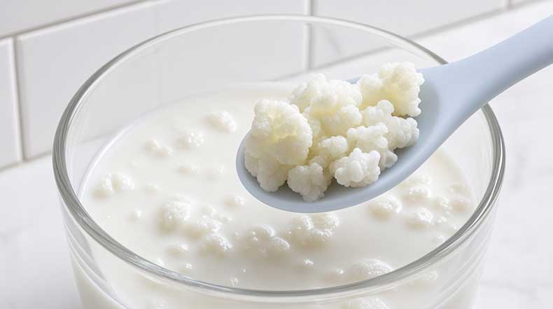 Hongo de kéfir de leche sobre cuchara de silicona junto a un tarro de 