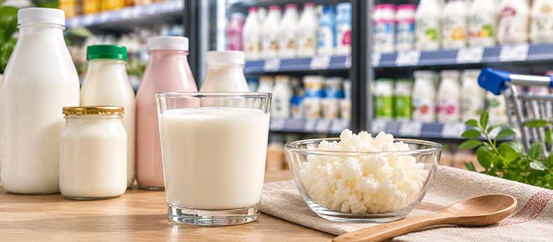 Kéfir de leche y nódulos de kéfir junto a productos de supermercado