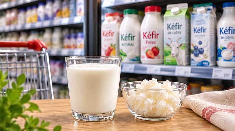Kéfir de leche y nódulos de kéfir en un supermercado