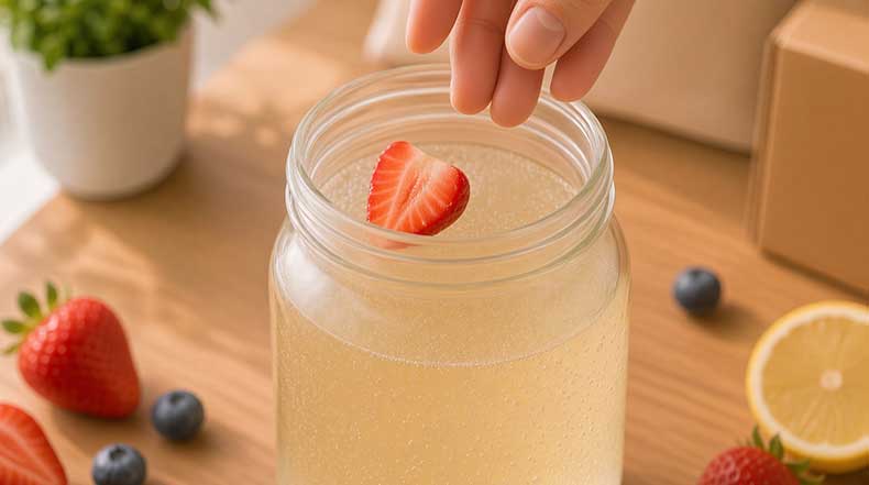 Fruta añadida a kéfir de agua para conseguir un sabor más suave y afrutado