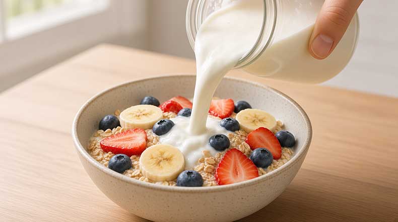 Kéfir de leche añadido a un bol de avena y fruta, una forma de incluirlo en una alimentación equilibrada