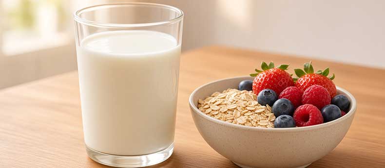 Vaso de kéfir de leche con avena y fruta, un ejemplo de alimentación equilibrada