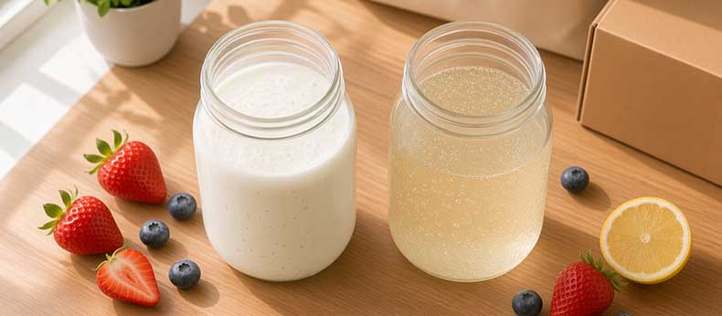 Kéfir de leche y kéfir de agua en tarros, mostrando la diferencia de textura entre ambos tipos