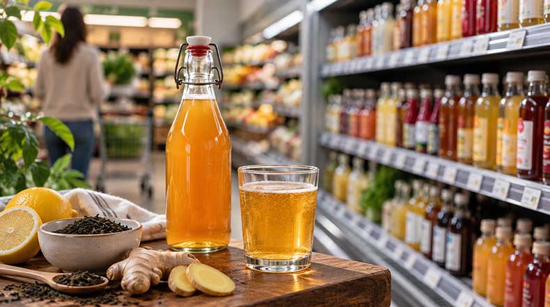 Kombucha Carrefour: botella de bebida kombucha en supermercado