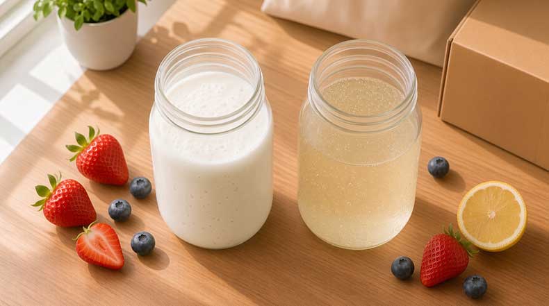 Comparación visual entre kéfir de leche y kéfir de agua, dos sabores muy distintos